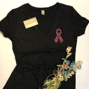 Bling Breast Cancer Ribbon T NWT JR VNeck XL
